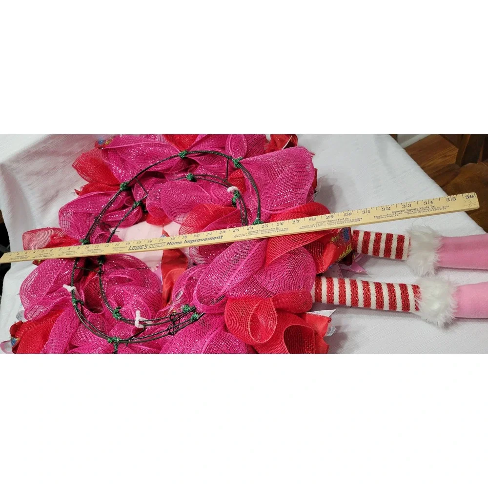 Pink Christmas Elf Wreath Holiday Door Decor Deco Mesh Ribbon 36 Inch Large